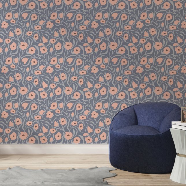 Blush & Blue Modern Floral Vines Pattern Behang (Creator heeft geüpload)
