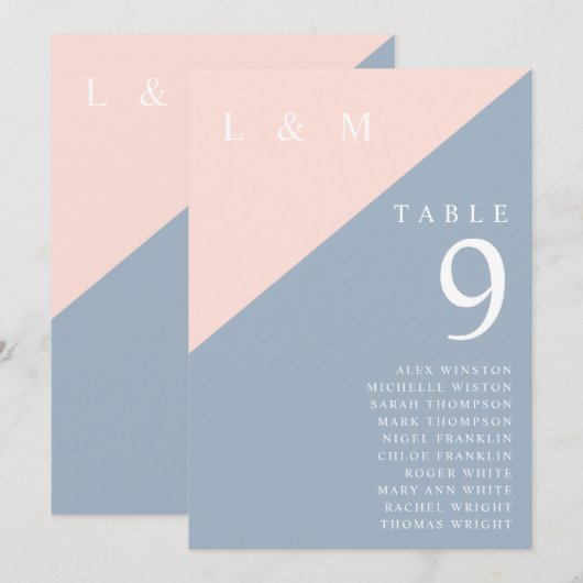 Blush Blue Monogram Tafelnummer Zitenkaart (Voorkant / Achterkant)
