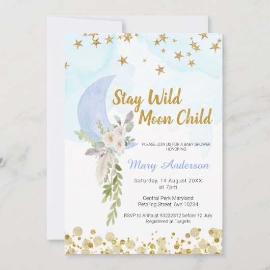 Blush Blue Moon Stars Boho Boy Baby shower Kaart (Voorkant)