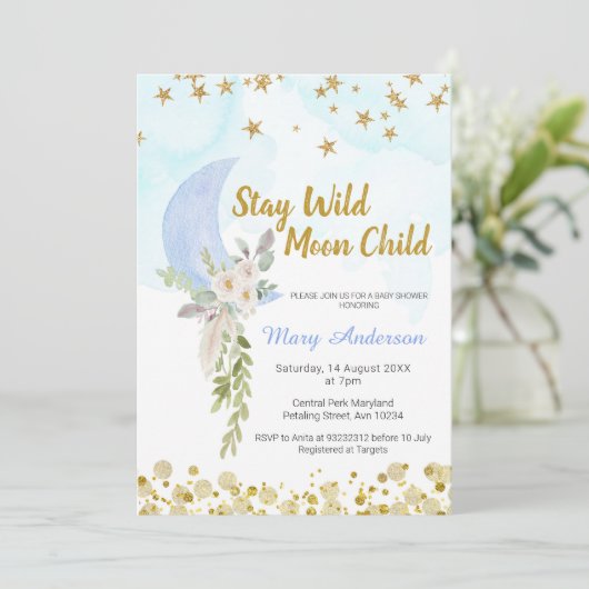 Blush Blue Moon Stars Boho Boy Baby shower Kaart (Staand voorkant)