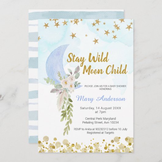 Blush Blue Moon Stars Boho Boy Baby shower Kaart (Voorkant / Achterkant)