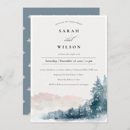 Blush Blue Pine Mountains Couleent Invite Bedankkaart (Voorkant / Achterkant)