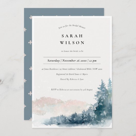 Blush Blue Pine Mountains Vrijgezellenfeest Invite Bedankkaart (Voorkant / Achterkant)