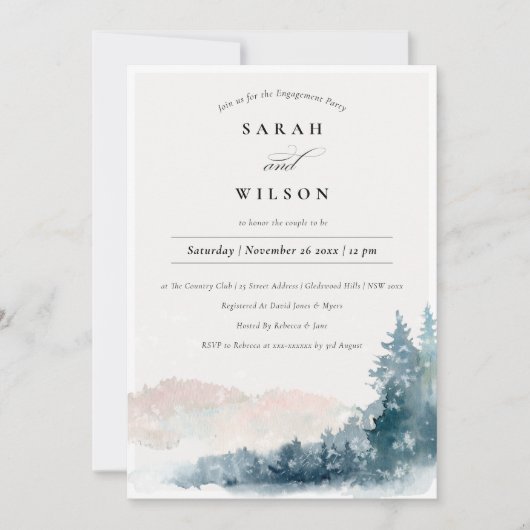 Blush Blue Pine Snow Mountains Verloving Invite Bedankkaart (Voorkant)