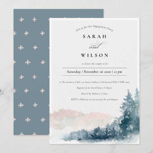 Blush Blue Pine Snow Mountains Verloving Invite Bedankkaart (Voorkant / Achterkant)