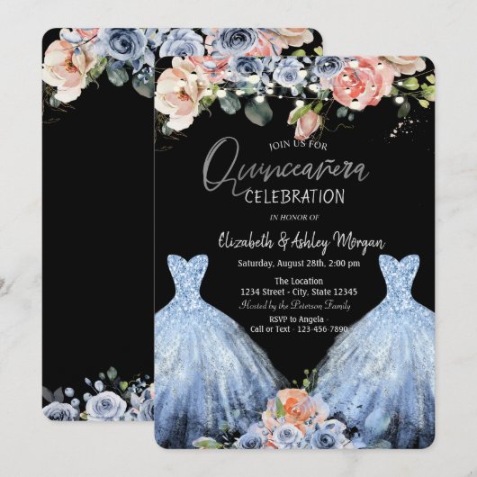 Blush Blue Rozen Blue Glitter Jurk Kaart (Voorkant / Achterkant)