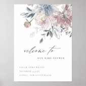 Blush Blue Waterverf Floral Baby shower Welkom Poster (Voorkant)