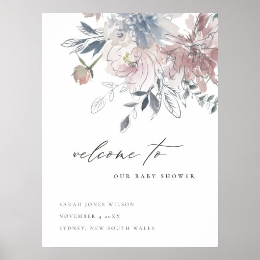 Blush Blue Waterverf Floral Baby shower Welkom Poster (Voorkant)