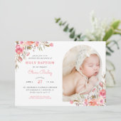 Blush Boeket Bloemen Baby Meisje Foto Dopen Kaart (Staand voorkant)