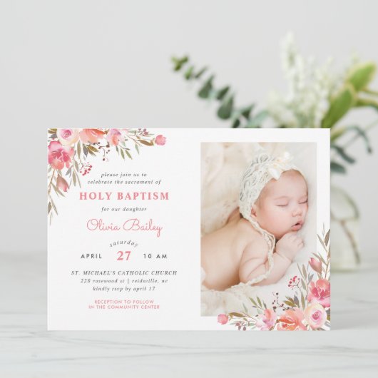 Blush Boeket Bloemen Baby Meisje Foto Dopen Kaart (Staand voorkant)