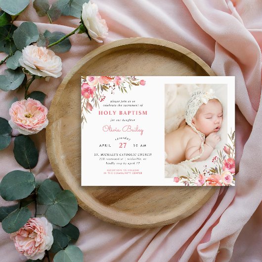 Blush Boeket Bloemen Baby Meisje Foto Dopen Kaart