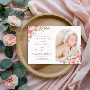 Blush Boeket Bloemen Baby Meisje Foto Dopen Kaart