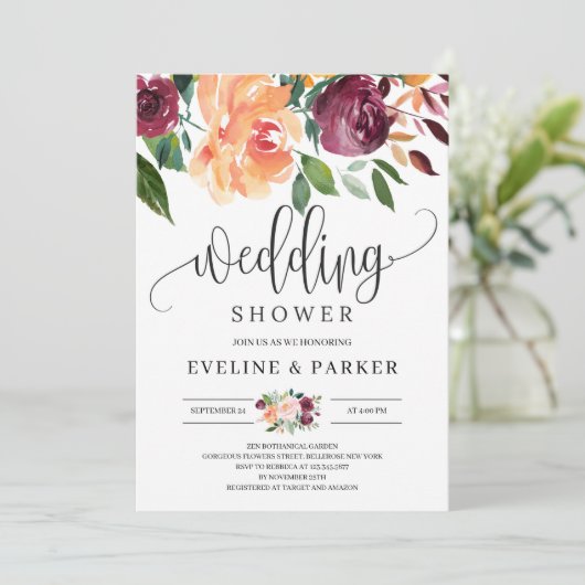 Blush bogundy oranje florale bruiloft nodigt u uit kaart (Staand voorkant)