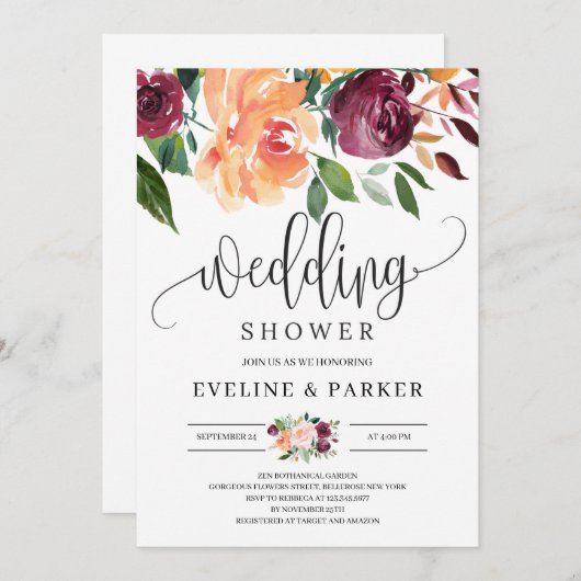 Blush bogundy oranje florale bruiloft nodigt u uit kaart (Voorkant / Achterkant)