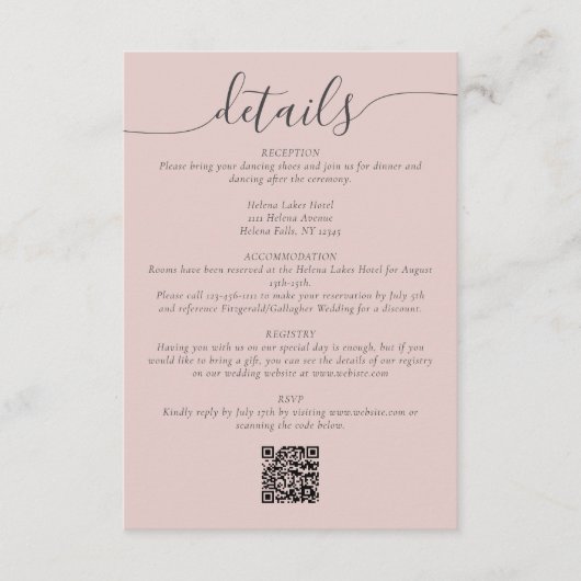Blush Bohemian Script Eenvoudige bruiloft Details Informatiekaartje (Voorkant)