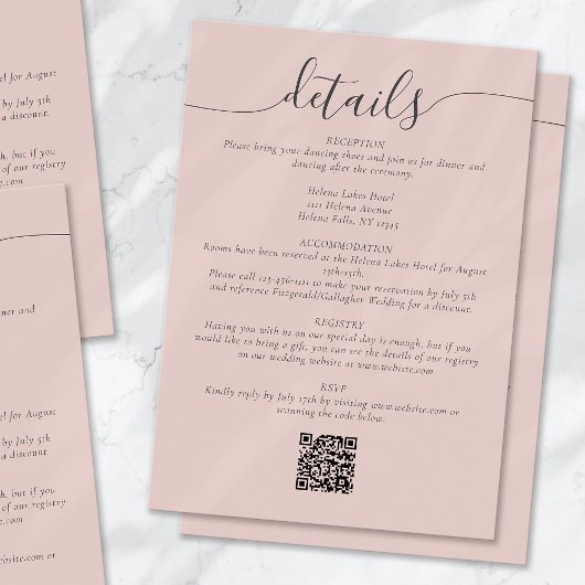 Blush Bohemian Script Eenvoudige bruiloft Details Informatiekaartje