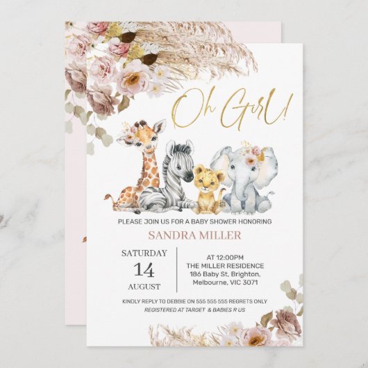 Blush Boho Bloem Safari Oh Meisje Baby Shower Kaart (Voorkant / Achterkant)