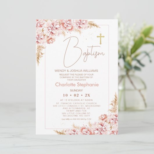 Blush Boho Bloemen Gouden Kruis Doop Kaart (Staand voorkant)