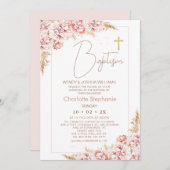 Blush Boho Bloemen Gouden Kruis Doop Kaart (Voorkant / Achterkant)