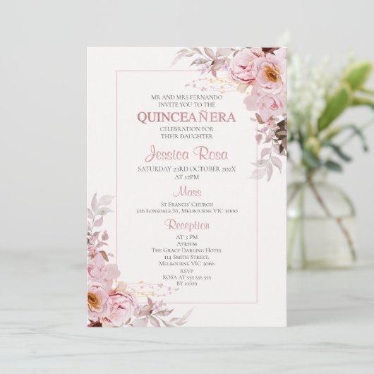 Blush Boho Bloemen Lijst Quinceañera uitnodiging (Staand voorkant)