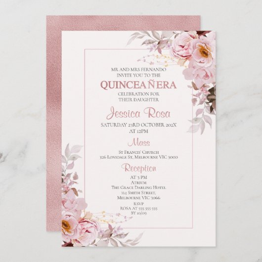 Blush Boho Bloemen Lijst Quinceañera uitnodiging (Voorkant / Achterkant)