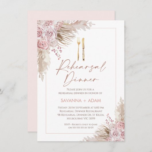 Blush Boho Bloemen Pampas Bestek repetitie diner Kaart (Voorkant / Achterkant)