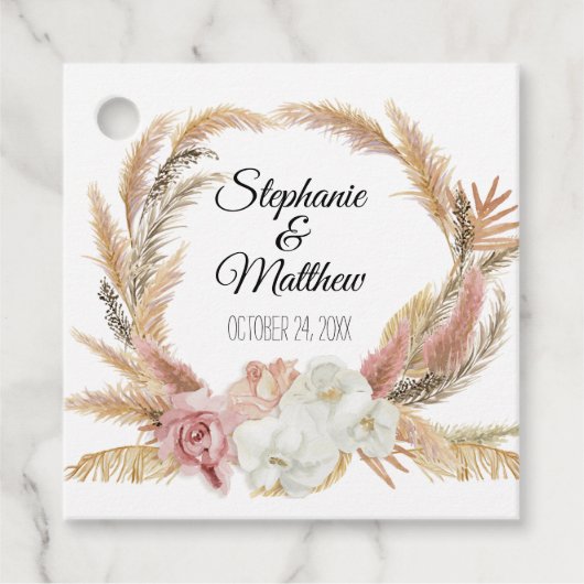 Blush Boho Bloemen Tropische Pampas Palm Bruiloft Bedankjes Labels (Voorkant)