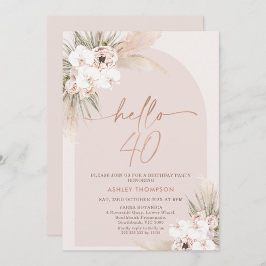 Blush Boho Bloemenboog 40e Verjaardag Uitnodiging (Voorkant / Achterkant)