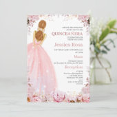 Blush Boho bloemenjurk quinceañera uitnodiging (Staand voorkant)