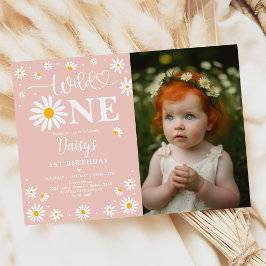 Blush Boho Daisy Floral Wild One Photo Birthday Kaart