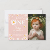 Blush Boho Daisy Floral Wild One Photo Birthday Kaart (Voorkant)