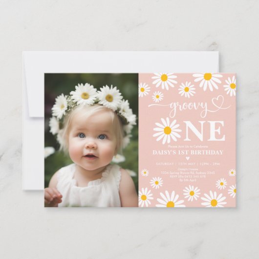 Blush Boho Daisy Groovy One 1 ste verjaardag foto Kaart (Voorkant)