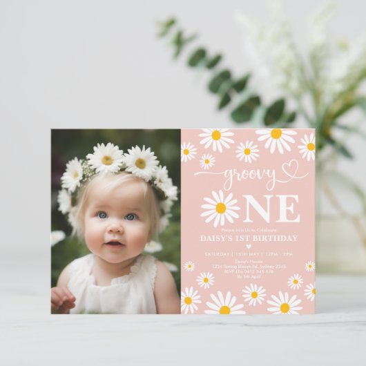 Blush Boho Daisy Groovy One 1 ste verjaardag foto Kaart (Staand voorkant)