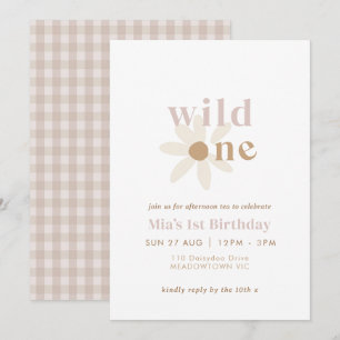Blush Boho Daisy Retro Eerste Verjaardag Uitnodigi Kaart