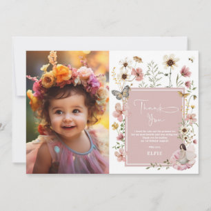 Blush Boho Fairy Wildflower Meisje Verjaardag Foto Bedankkaart