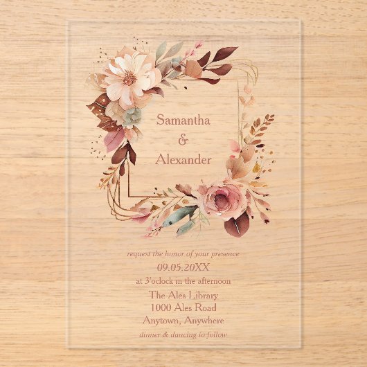 Blush Boho Floral Acryl Uitnodigingen (Voorkant)