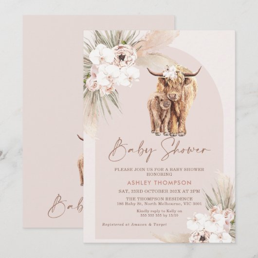 Blush Boho Floral Arch Highland Koe Baby shower Kaart (Voorkant / Achterkant)