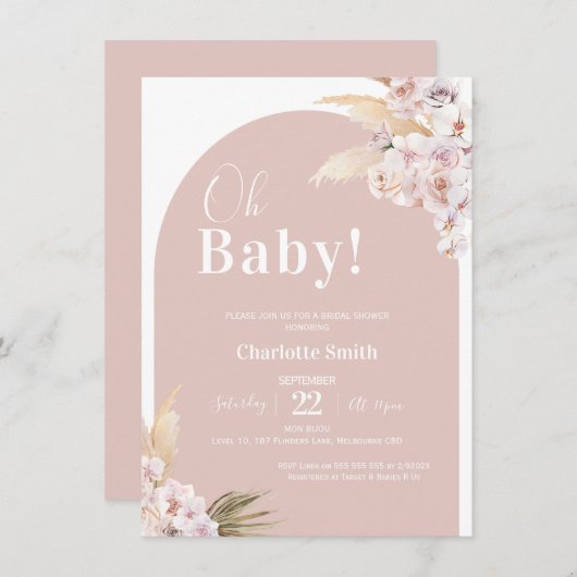 Blush Boho Floral Arch Pampas Baby shower Kaart (Voorkant / Achterkant)