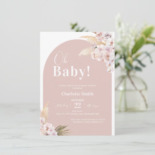 Blush Boho Floral Arch Pampas Baby shower Kaart (Staand voorkant)