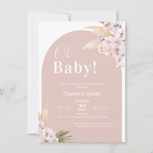 Blush Boho Floral Arch Pampas Baby shower Kaart (Voorkant)