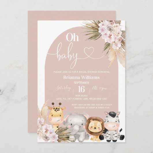 Blush Boho Floral Arch Safari baby shower Kaart (Voorkant / Achterkant)