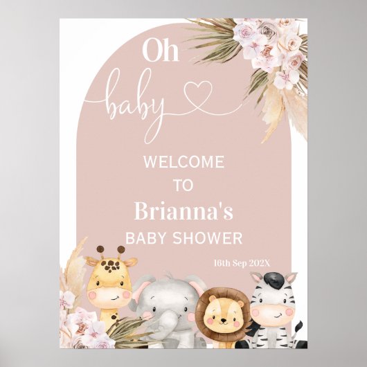 Blush Boho Floral Arch Safari Baby shower Welkom Poster (Voorkant)