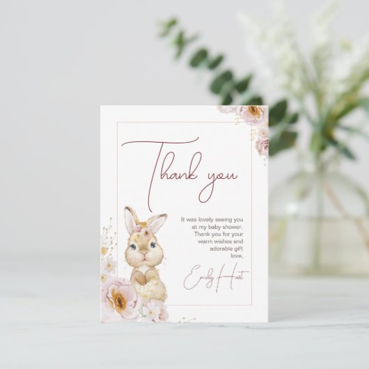 Blush Boho Floral Bunny Baby shower bedankje Kaart (Staand voorkant)