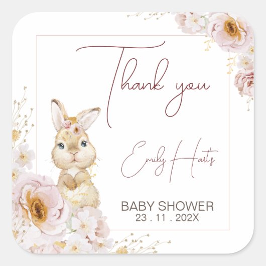 Blush Boho Floral Bunny Baby shower Dank u Vierkante Sticker (Voorkant)