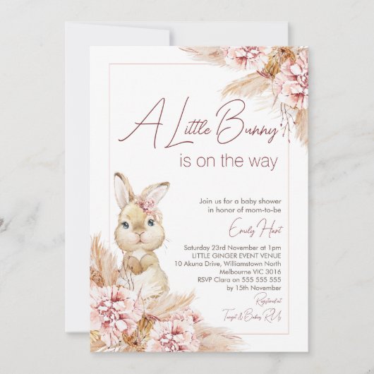 Blush Boho Floral Bunny Baby shower Kaart (Voorkant)