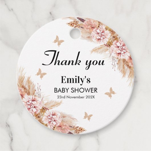 Blush Boho Floral Butterfly Kisses Baby shower Bedankjes Labels (Voorkant)