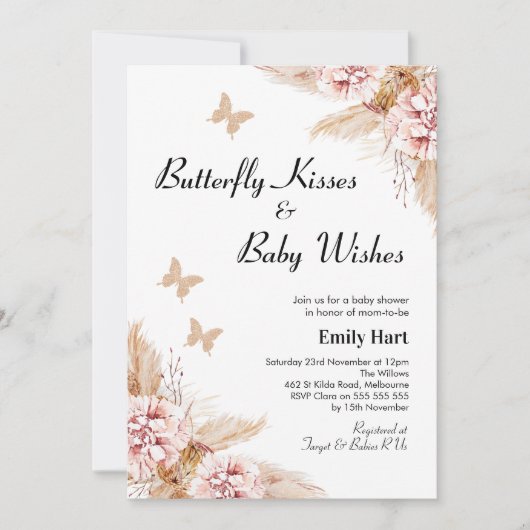 Blush Boho Floral Butterfly Kisses Baby shower  Kaart (Voorkant)