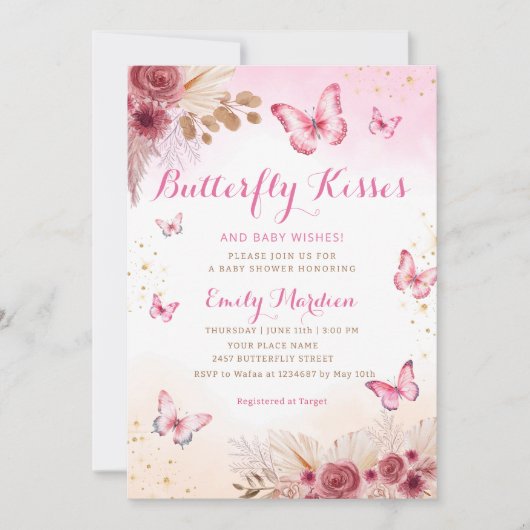 Blush Boho Floral Butterfly Kisses Baby shower Kaart (Voorkant)
