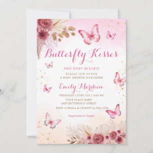Blush Boho Floral Butterfly Kisses Baby shower Kaart