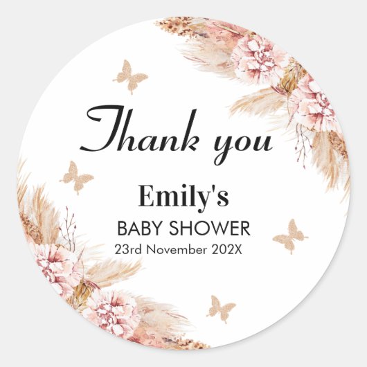 Blush Boho Floral Butterfly Kisses Baby shower Ronde Sticker (Voorkant)